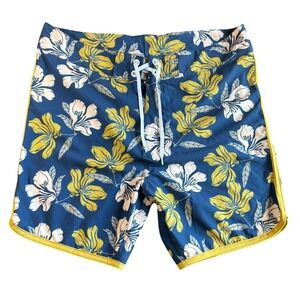Atlantis Mens Size 38 Swim Trunks Board Shorts Floral Blue Yellow Tropical